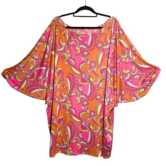 Vibrant Paisley Floral Pink Orange Kimono Tunic Style Hippie Tunic Beach Coverup - Picture 1 of 9
